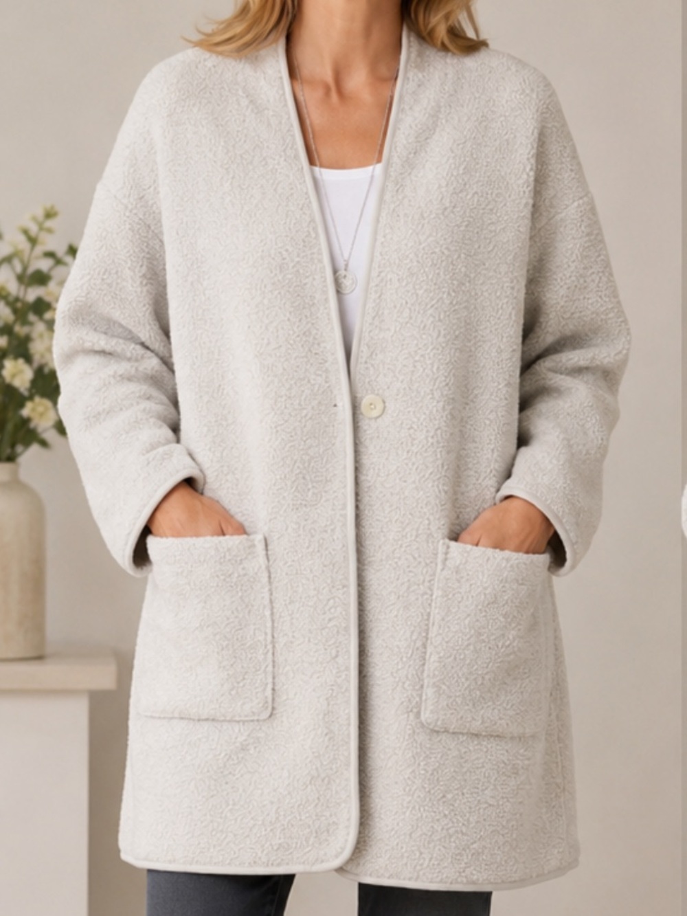 J.Jill Pure Jill Ivory White Bouclé Textured Long Jacket Coat